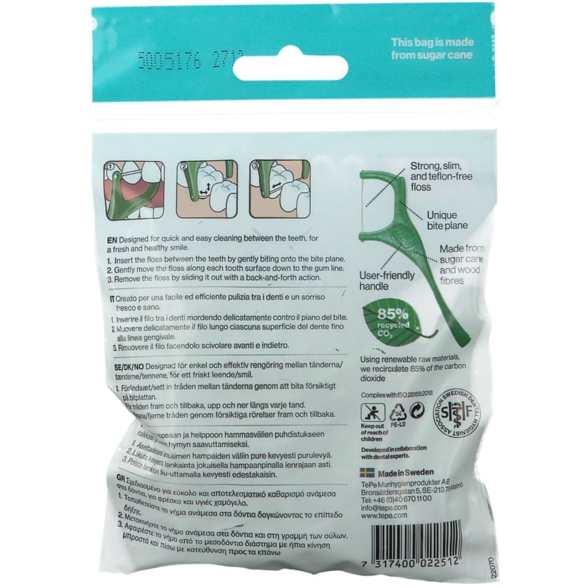 Achterkant van de verpakking. Illustraties van gebruik. Tekst in het Engels, Duits, Italiaans, Zweeds en Grieks. Zegels.