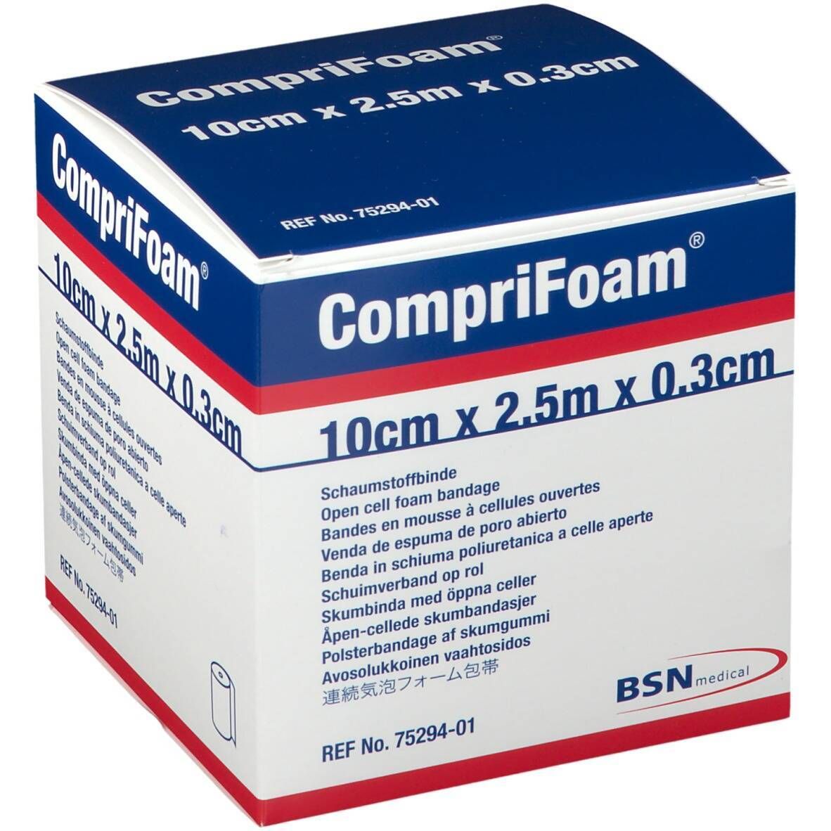 Verpakking van Comprifoam schuimverband. Afmetingen: 10cm x 2,5m x 0,3cm. Blauw en witte doos met productnaam en informatie.