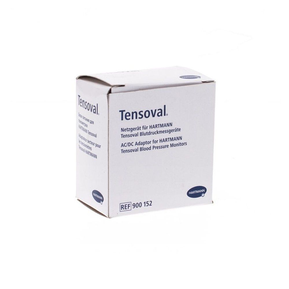 Witte verpakking met productnaam Tensoval. Tekst: Netadapter voor HARTMANN Tensoval bloeddrukmeters. AC/DC Adapter voor Tensoval bloeddrukmeters.