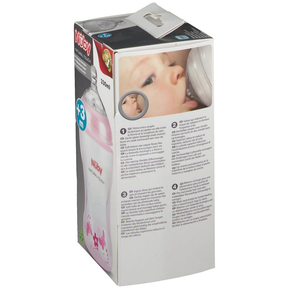 Nûby Natural Touch Biberon + SoftFlex™ Medium Flow Sucinette 3 Moins+ Rose