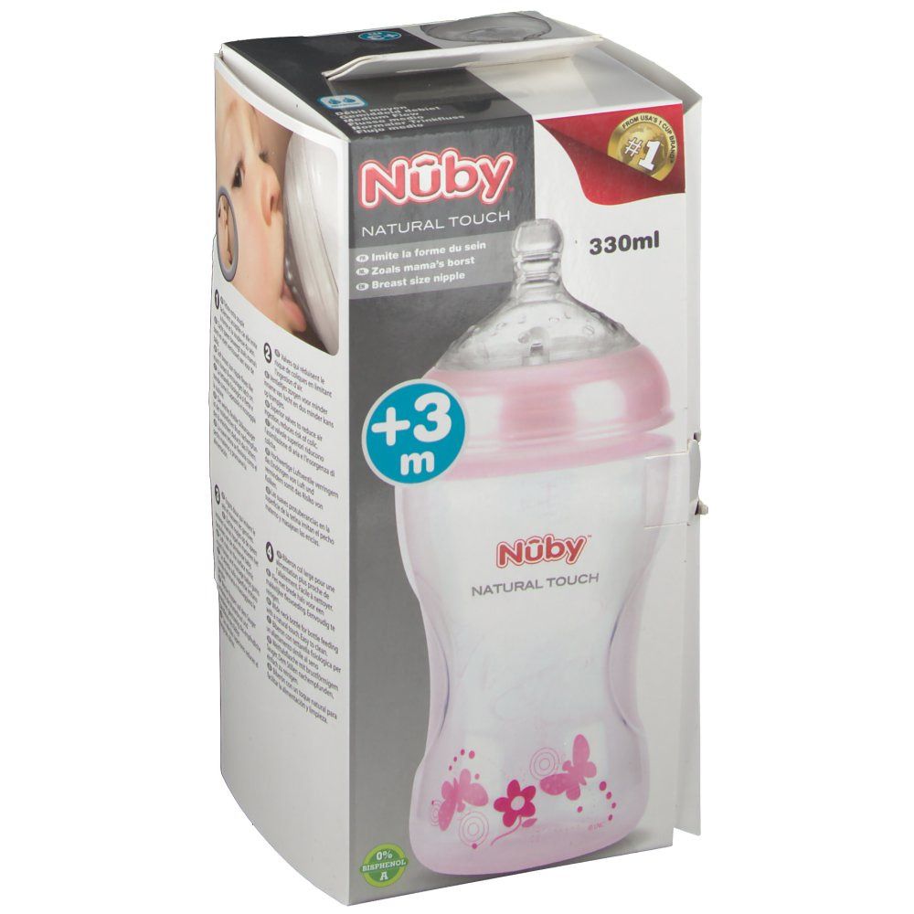 Nûby Natural Touch Biberon + SoftFlex™ Medium Flow Sucinette 3 Moins+ Rose