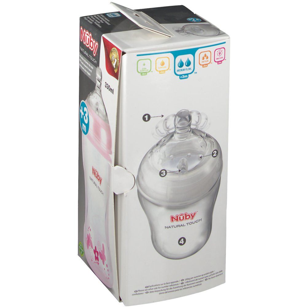 Nûby Natural Touch Biberon + SoftFlex™ Medium Flow Sucinette 3 Moins+ Rose