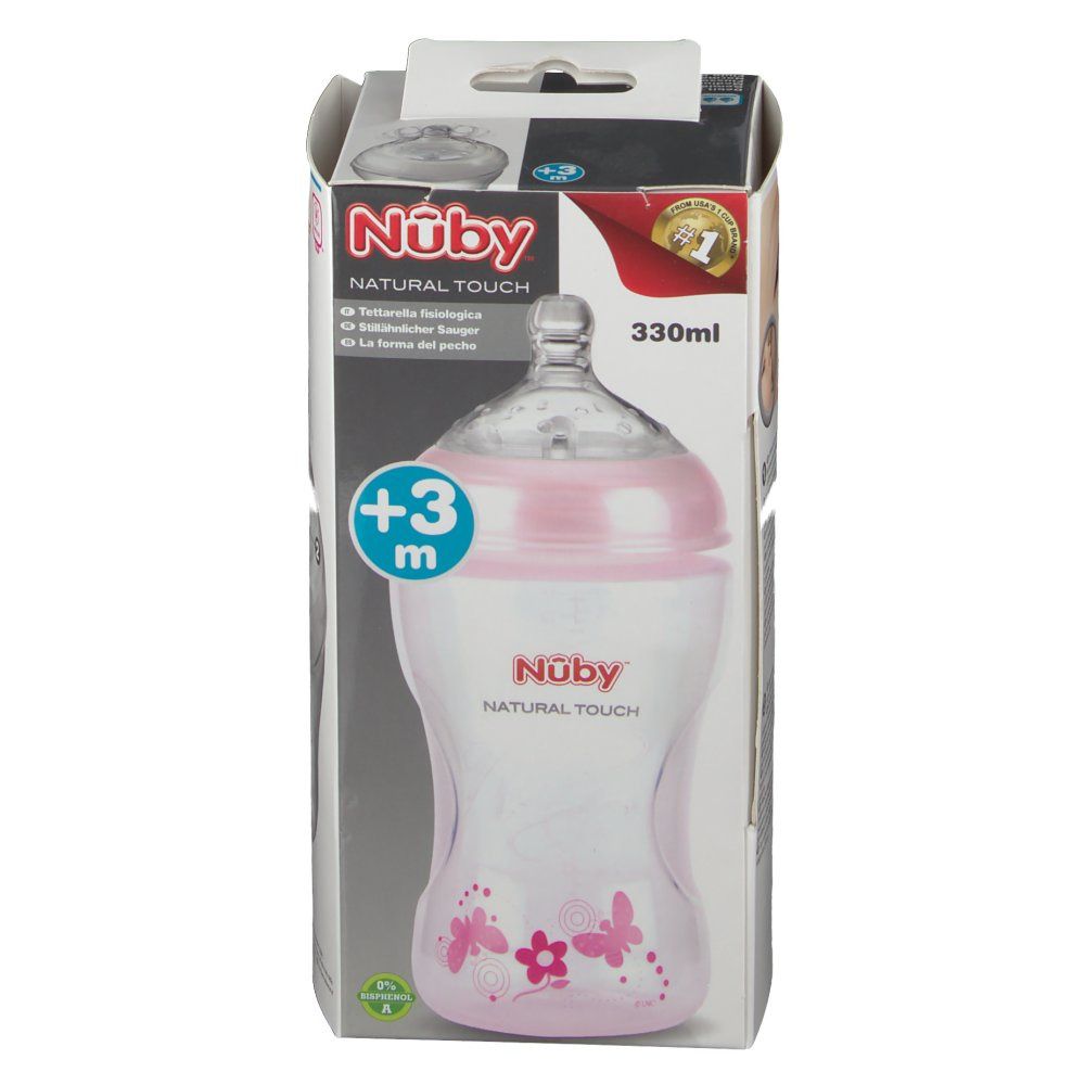 Nûby Natural Touch Biberon + SoftFlex™ Medium Flow Sucinette 3 Moins+ Rose