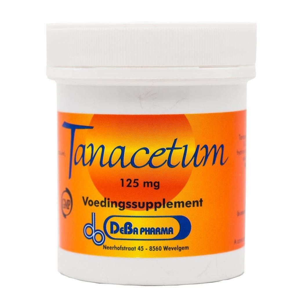 Witte pot met oranje band. Opschrift: Tanacetum 125 mg, Voedingssupplement, DeBa Pharma.
