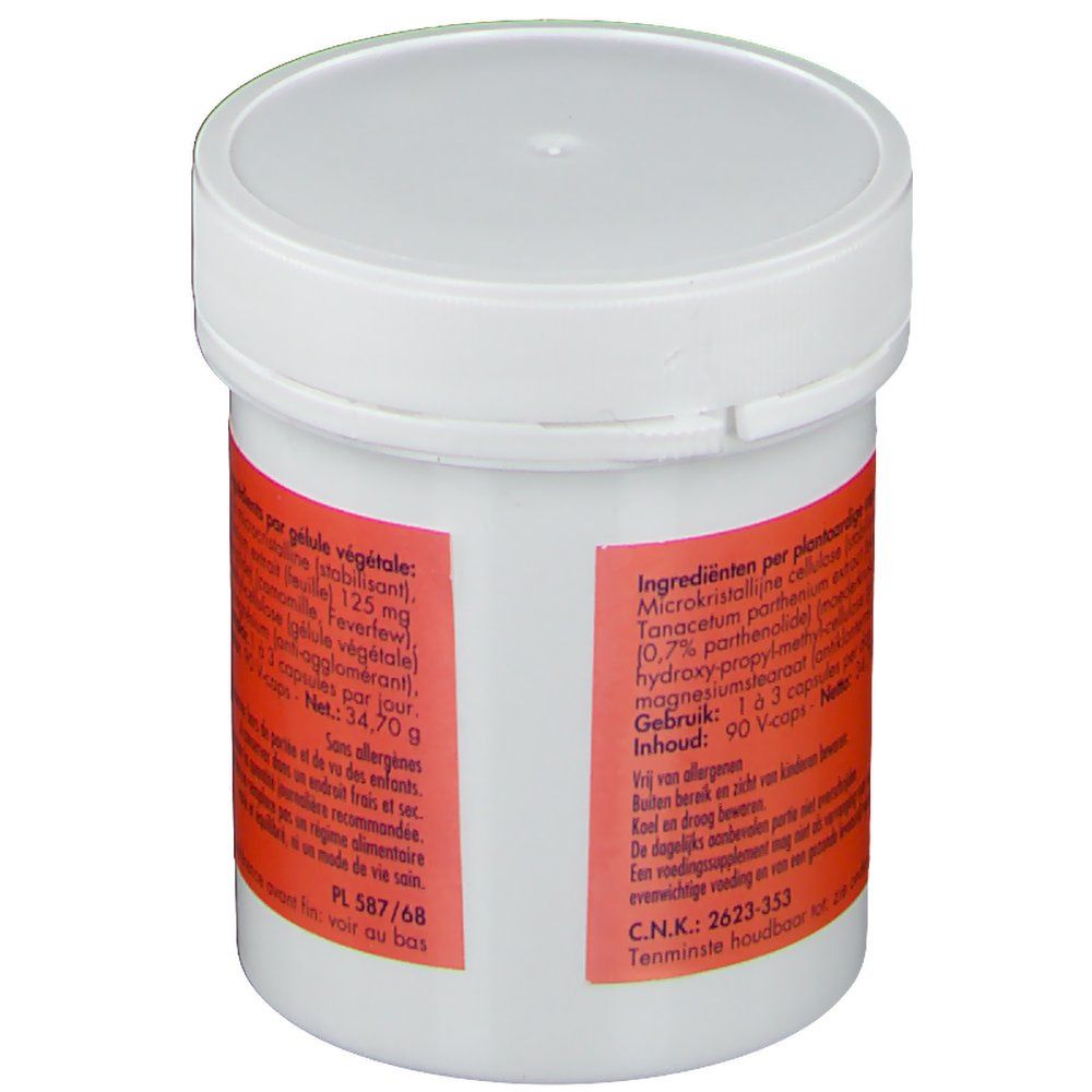 Witte pot met oranje band. Achterkant met ingrediënten en gebruiksaanwijzing.