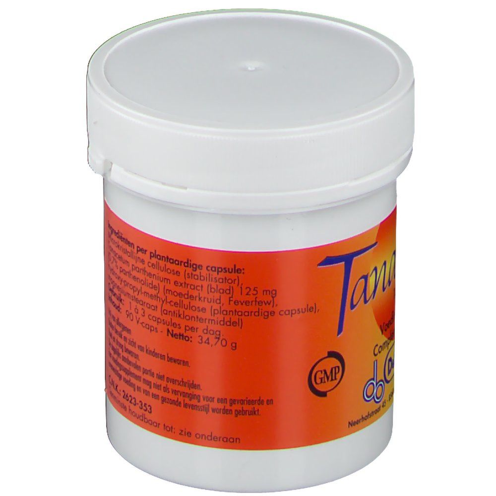 Witte pot met oranje band. Achterkant met ingrediënten en gebruiksaanwijzing.