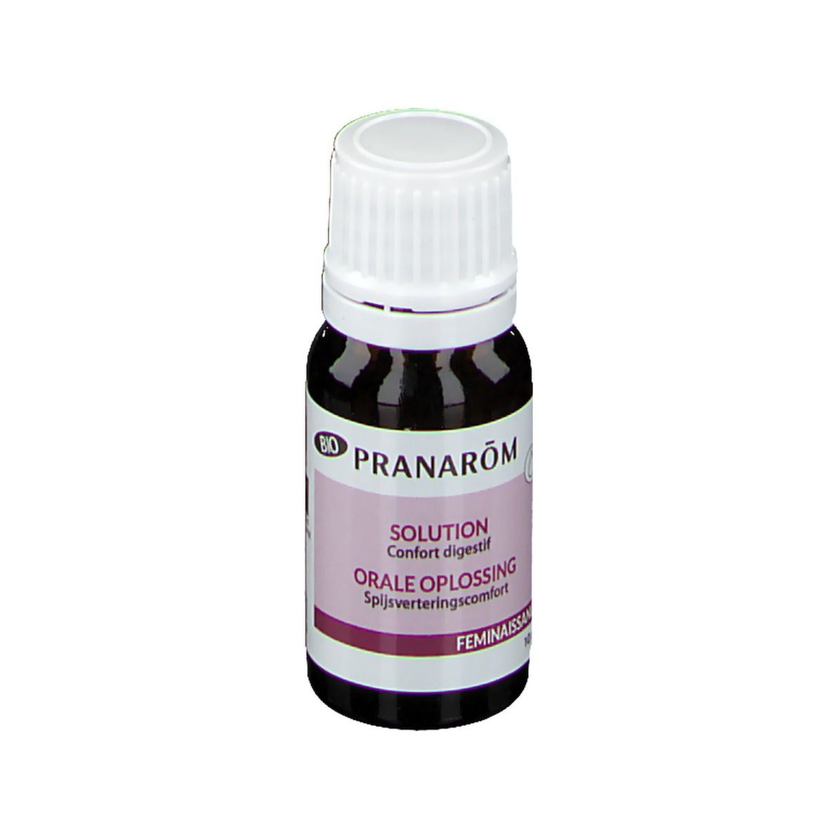 Flacon en verre brun avec bouchon blanc. Inscriptions: PRANAROM, SOLUTION, Orale Oplossing, Féminaissance.