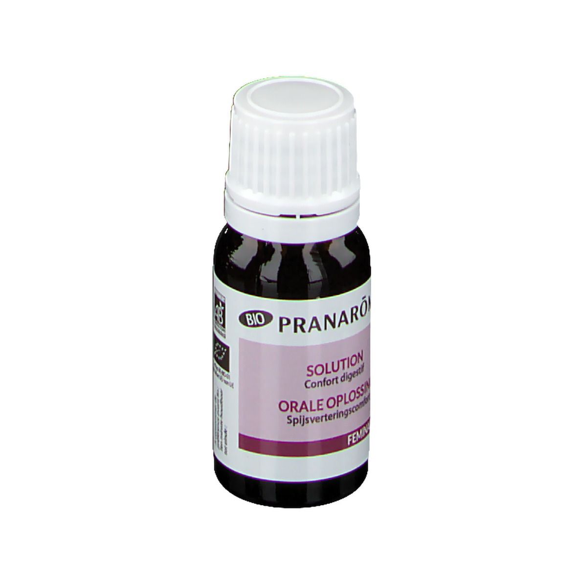 Flacon en verre brun avec bouchon blanc. Inscriptions: PRANAROM, SOLUTION, Orale Oplossing, Féminaissance.