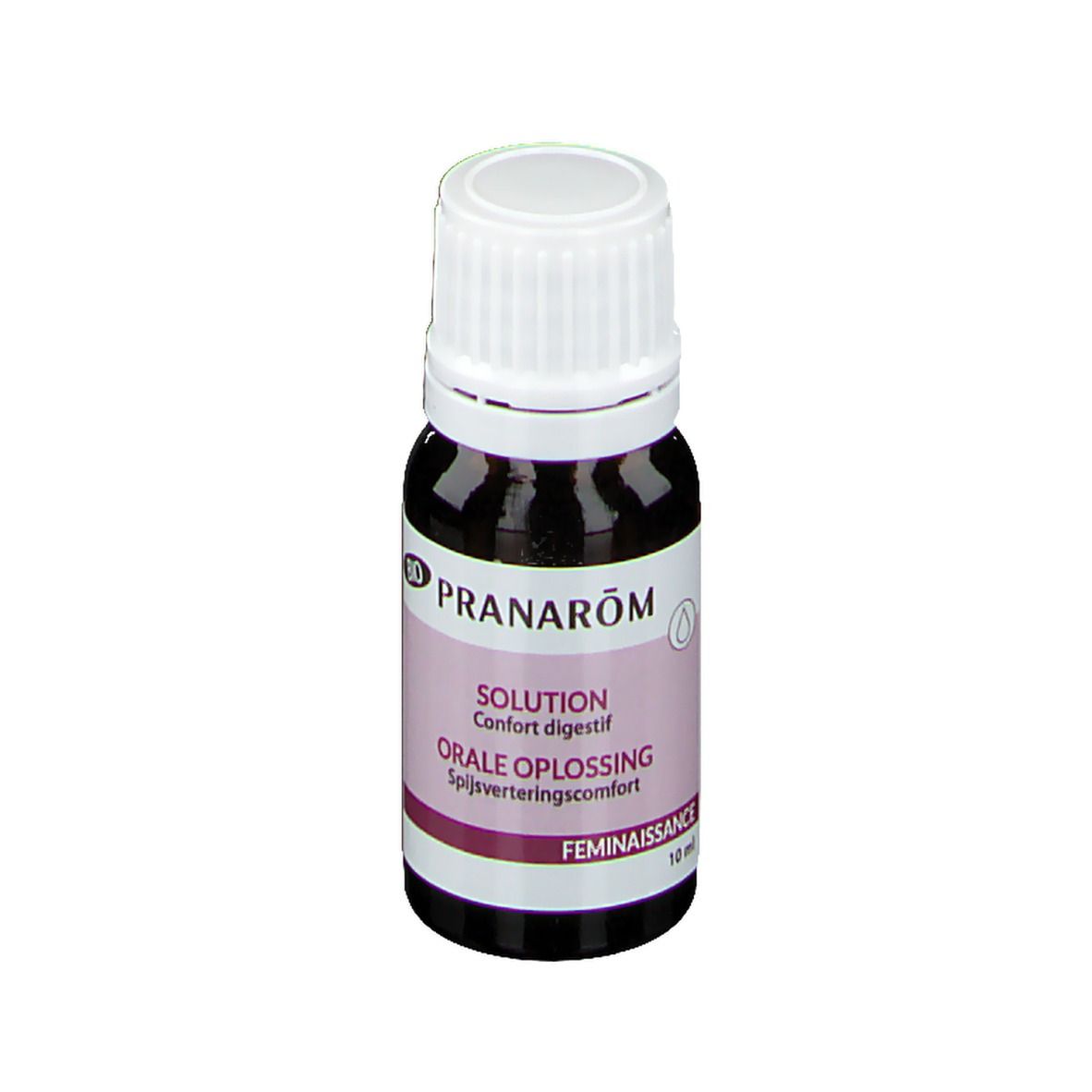 Flacon en verre brun avec bouchon blanc. Inscriptions: PRANAROM, SOLUTION, Orale Oplossing, Féminaissance.