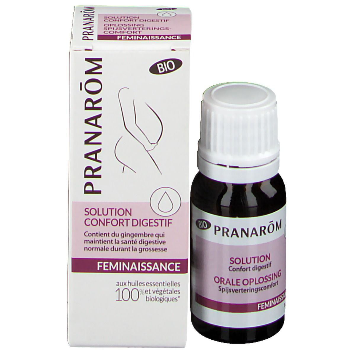 Flacon de produit à côté de l'emballage. Emballage avec illustration d'une femme enceinte.
