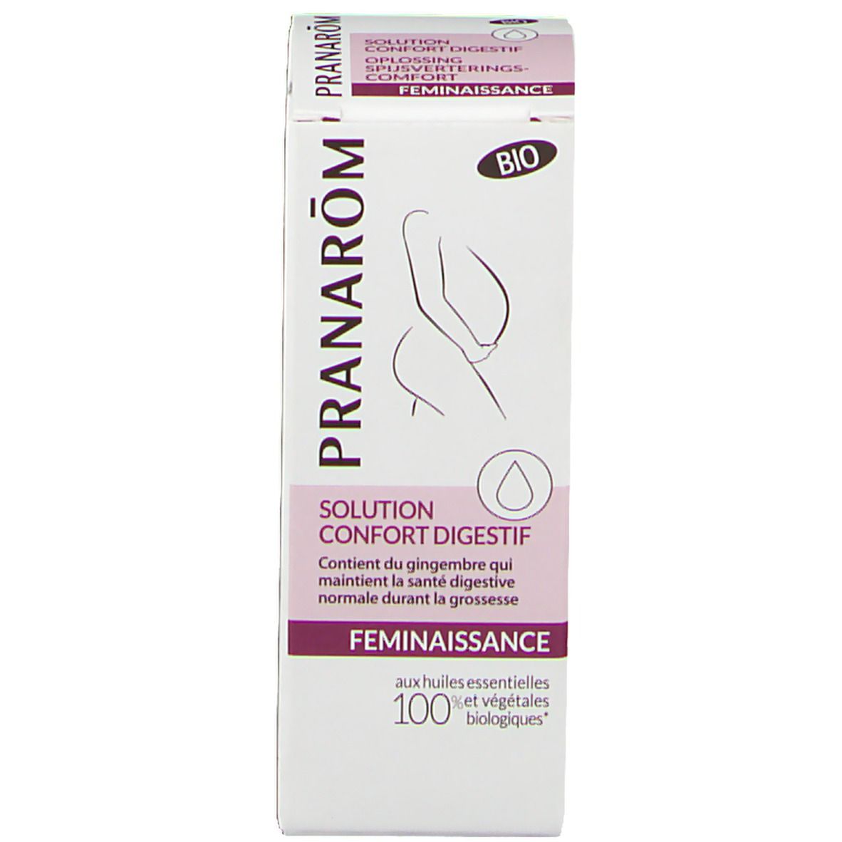 Emballage avec illustration d'une femme enceinte. Inscriptions: PRANAROM, SOLUTION, Féminaissance.