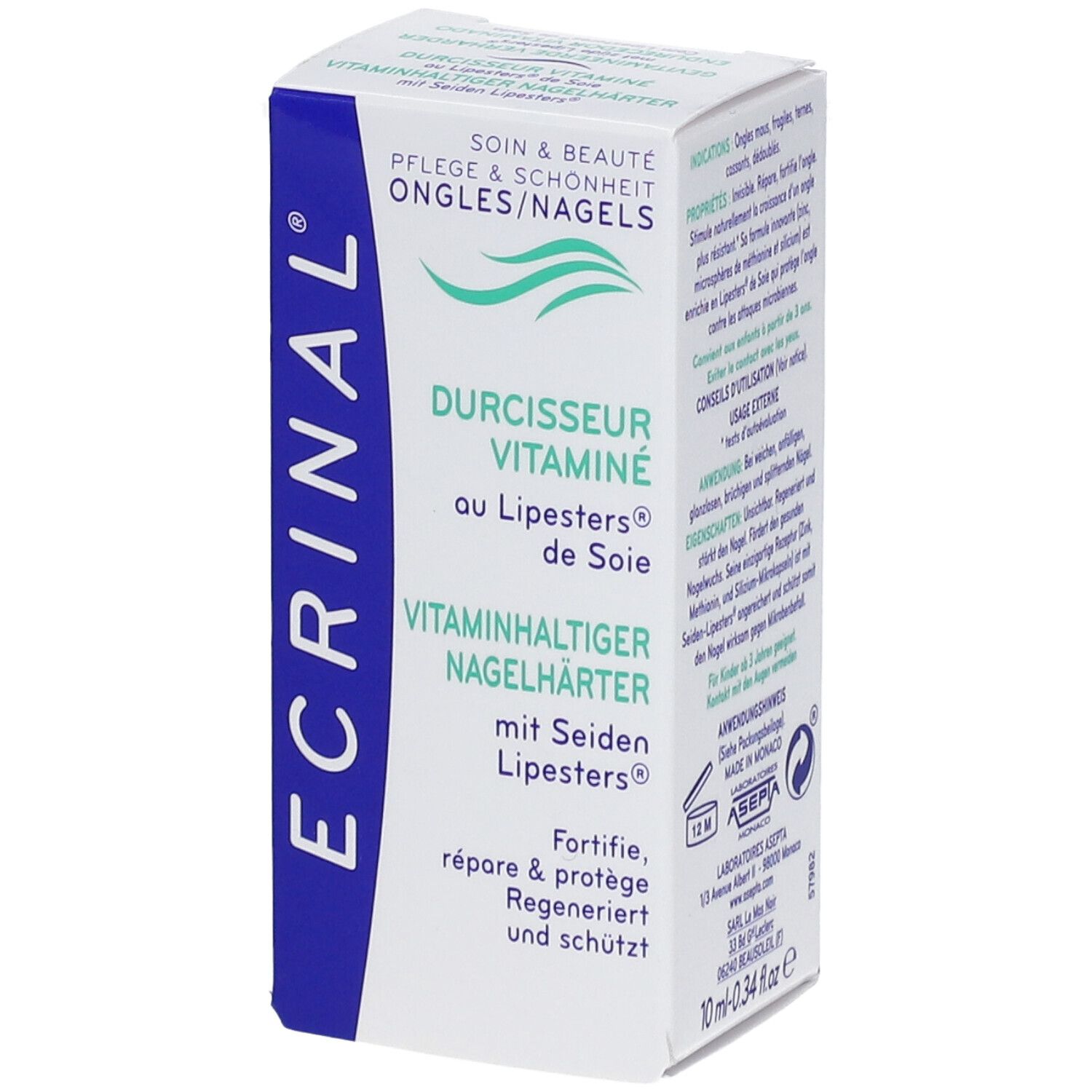 ECRINAL® Durcisseur vitaminé. Emballage. Texte: DURCHISSEUR VITAMINÉ au Lipesters® de Soie. Vitaminhaltiger Nagelverhärter.