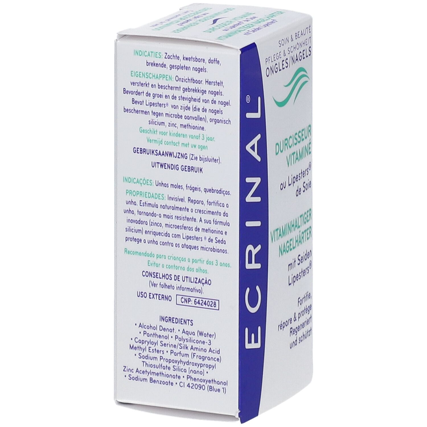 ECRINAL® Durcisseur vitaminé. Emballage. Texte: DURCHISSEUR VITAMINÉ au Lipesters® de Soie. Vitaminhaltiger Nagelverhärter.