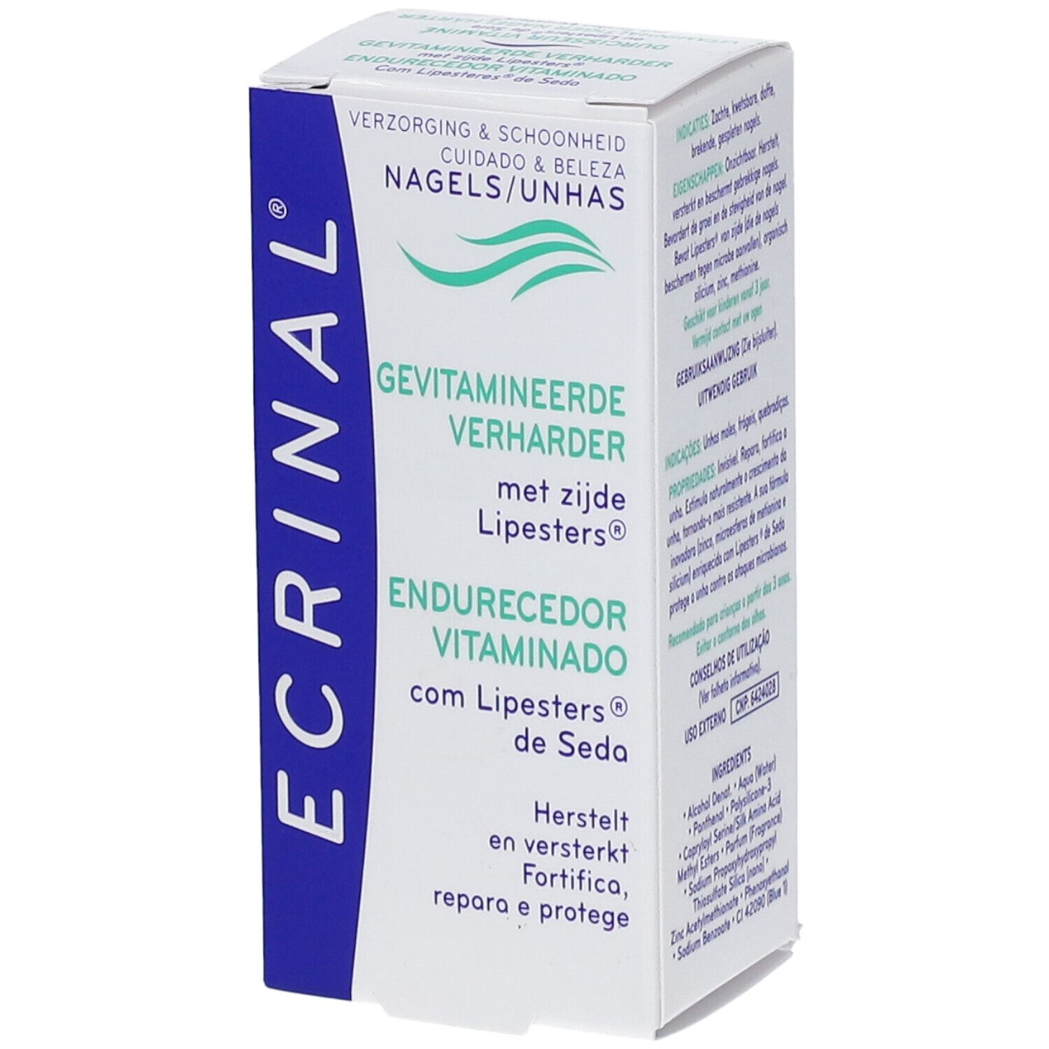 ECRINAL® Durcisseur vitaminé. Emballage. Texte: GEVITAMINEERDE VERHARDER met zijde Lipesters®. Endurecedor Vitaminado.