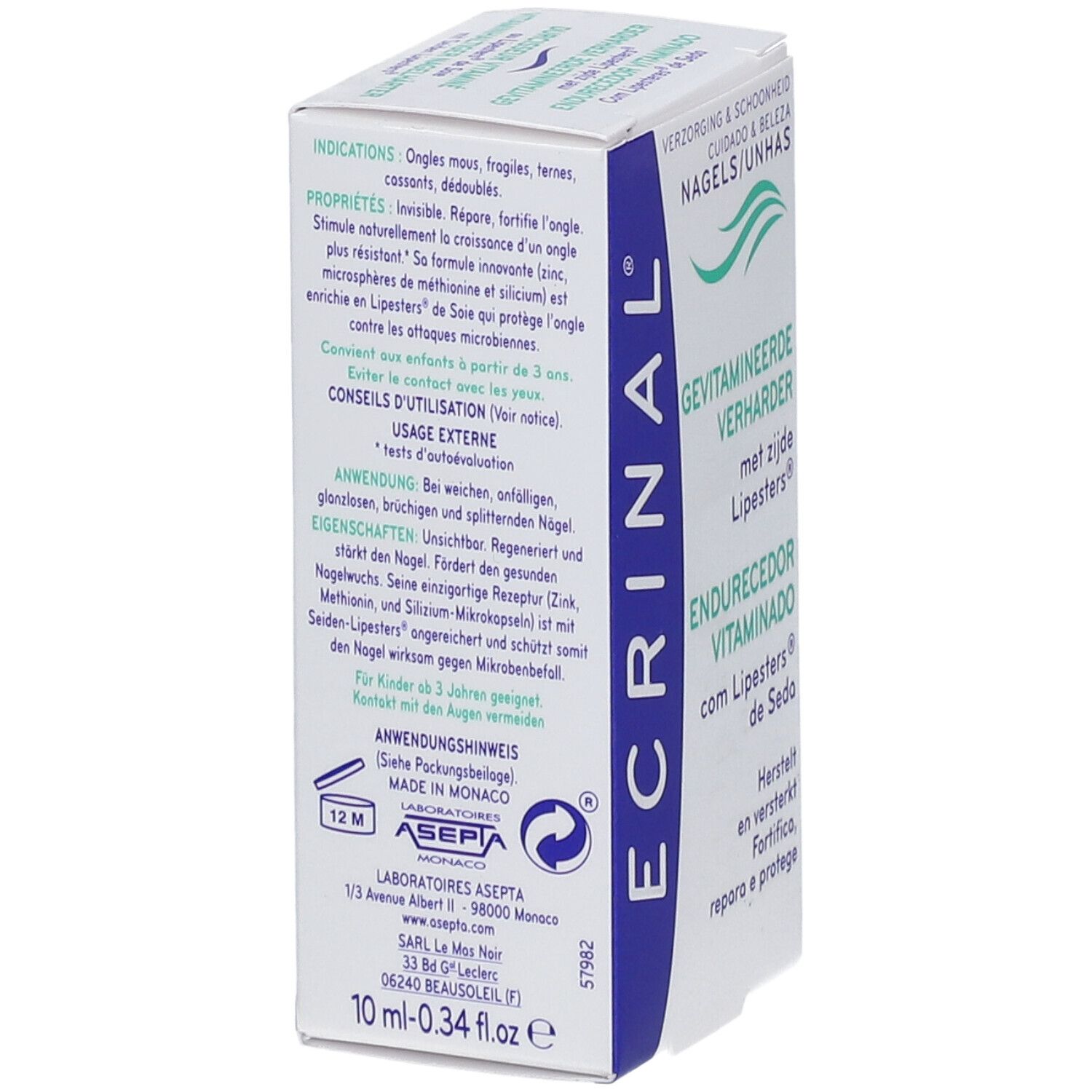ECRINAL® Durcisseur vitaminé. Emballage. Texte: GEVITAMINEERDE VERHARDER met zijde Lipesters®. Endurecedor Vitaminado.