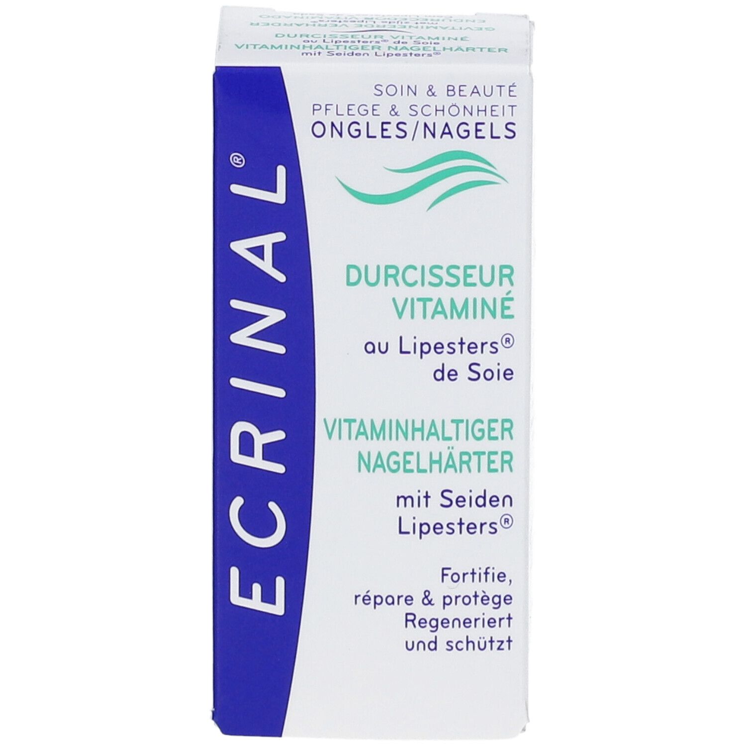 ECRINAL® Durcisseur vitaminé. Emballage. Texte: DURCHISSEUR VITAMINÉ au Lipesters® de Soie. Vitaminhaltiger Nagelverhärter.