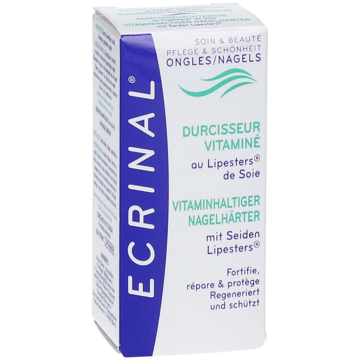 ECRINAL® Durcisseur vitaminé. Emballage. Texte: DURCHISSEUR VITAMINÉ au Lipesters® de Soie. Vitaminhaltiger Nagelverhärter.