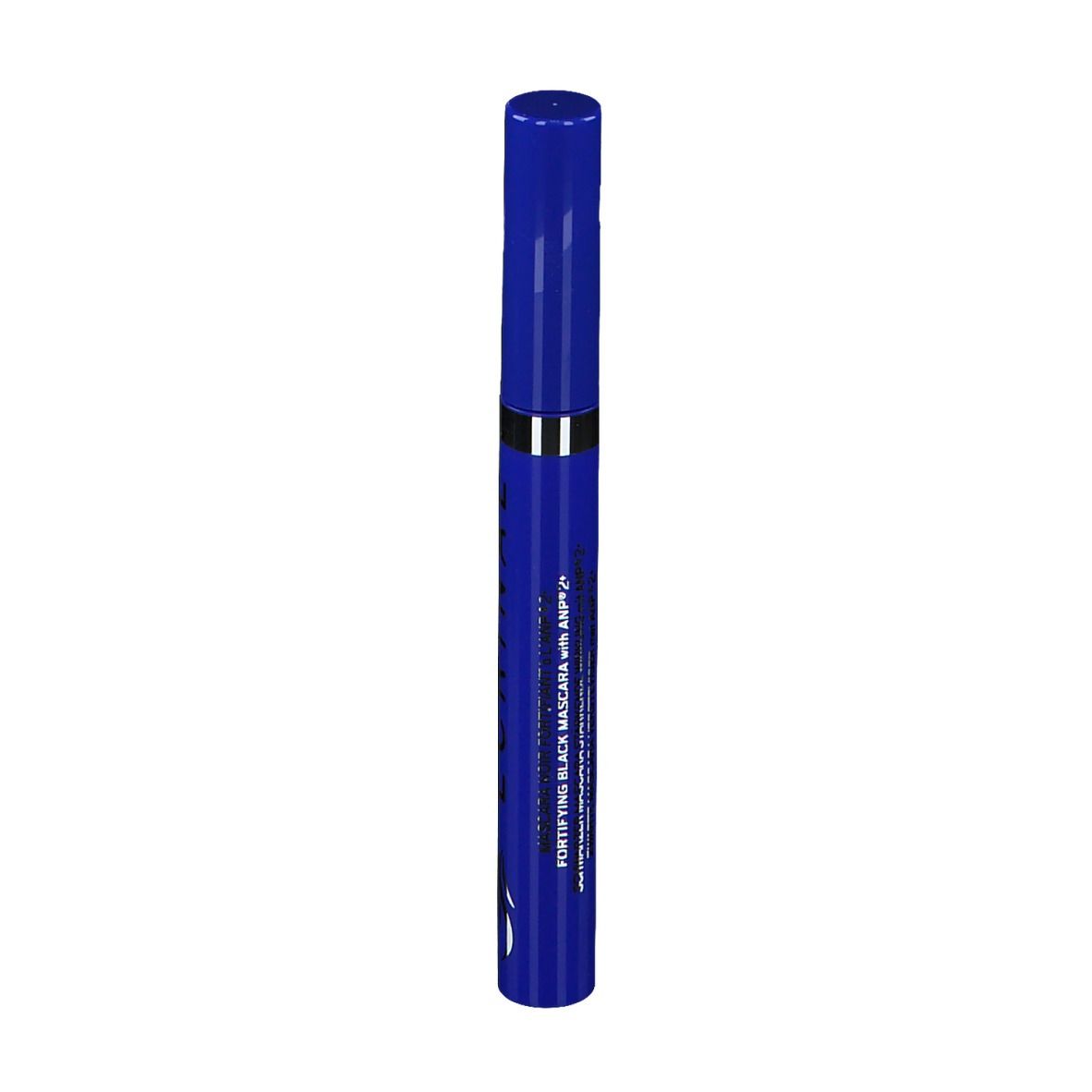 Blauwe mascarabuis met zilveren ring. ECRINAL en FORTIFYING BLACK MASCARA. Zwarte mascara.