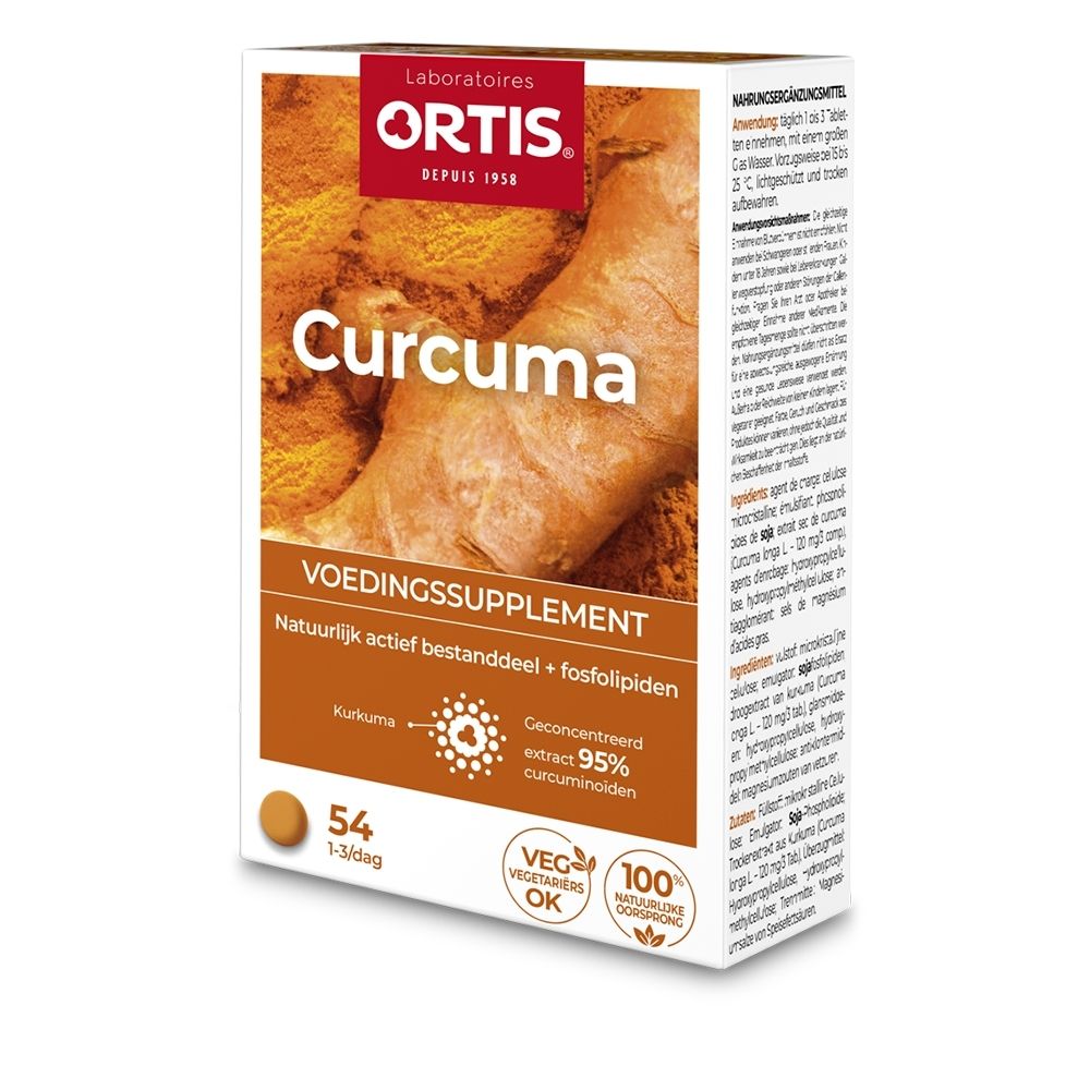 Verpakking van Ortis Curcuma voedingssupplement met kurkumawortelafbeelding.