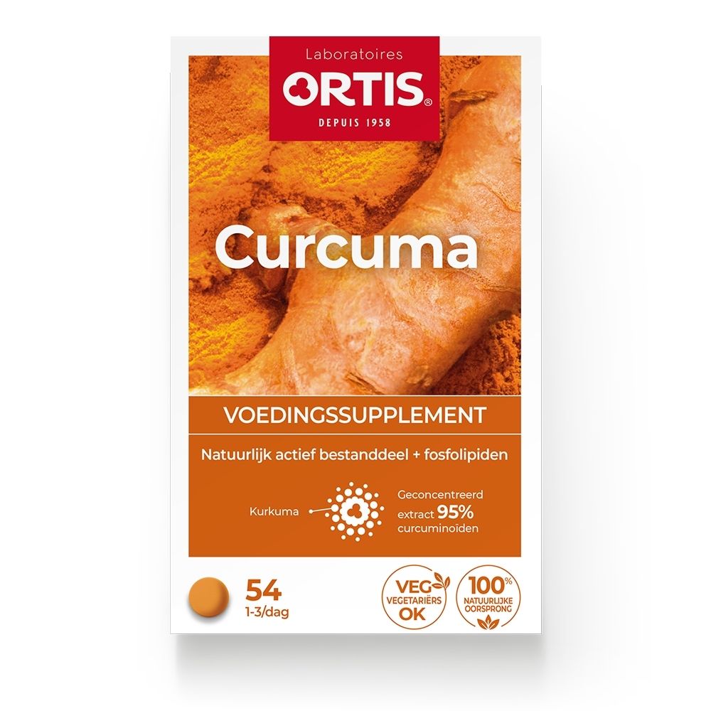 Verpakking van Ortis Curcuma voedingssupplement met kurkumawortelafbeelding.