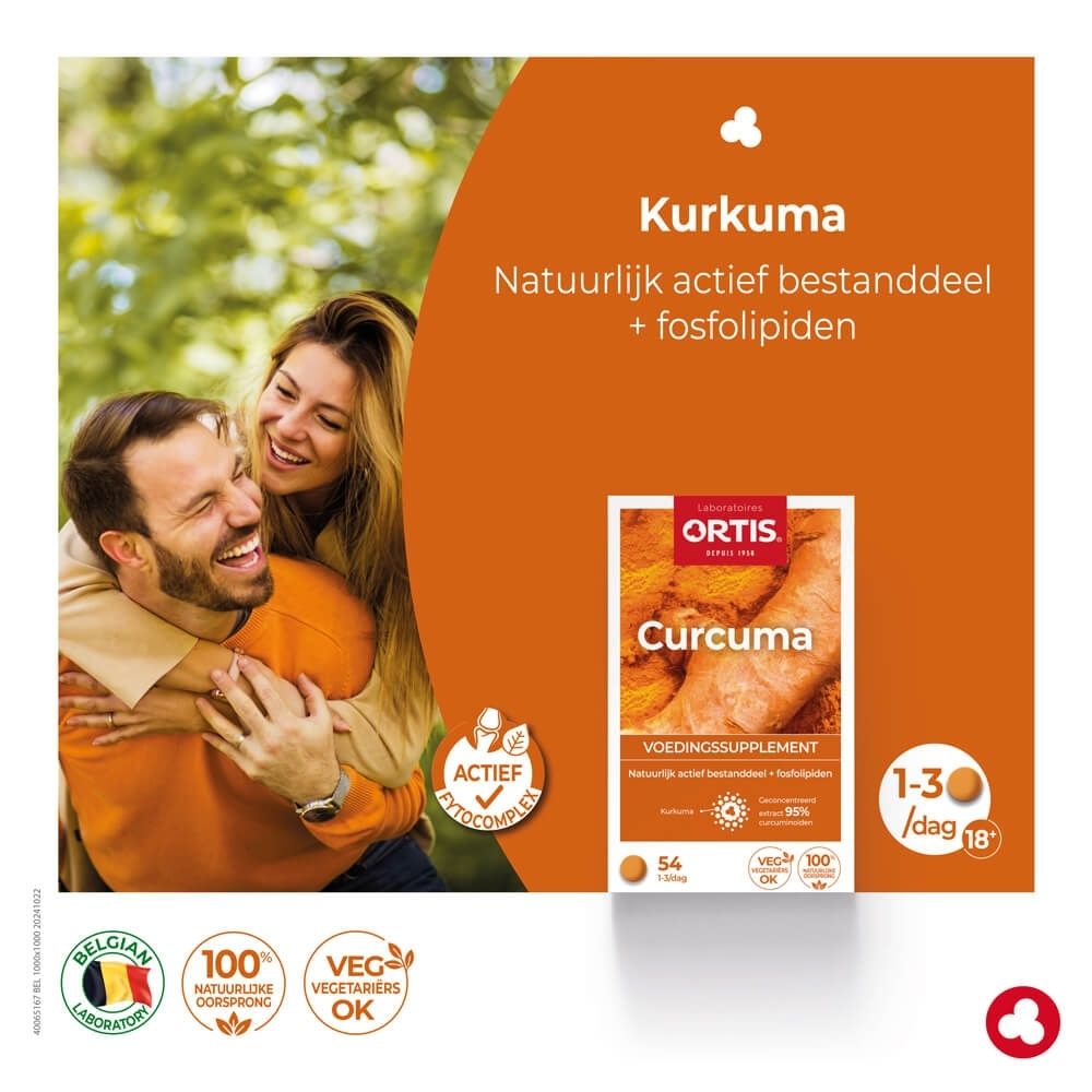 Verpakking van Ortis Curcuma voedingssupplement met kurkumawortelafbeelding.