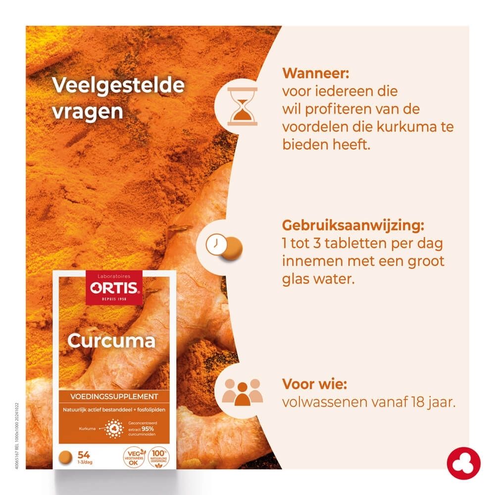 Verpakking van Ortis Curcuma voedingssupplement met kurkumawortelafbeelding.