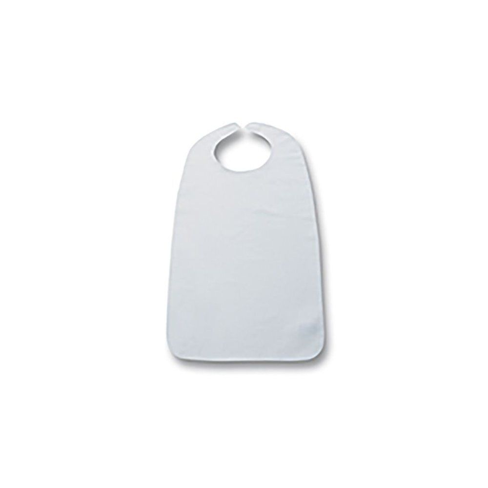 Bavette blanche avec ouverture circulaire pour le cou. Forme rectangulaire aux coins arrondis. En textile.