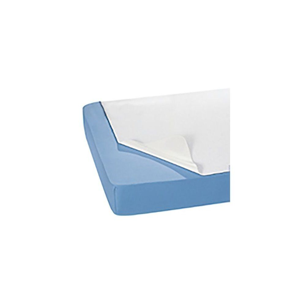 Protège-matelas bleu avec revêtement blanc. Vue de coin, montrant les couches. Aucun autre détail visible.