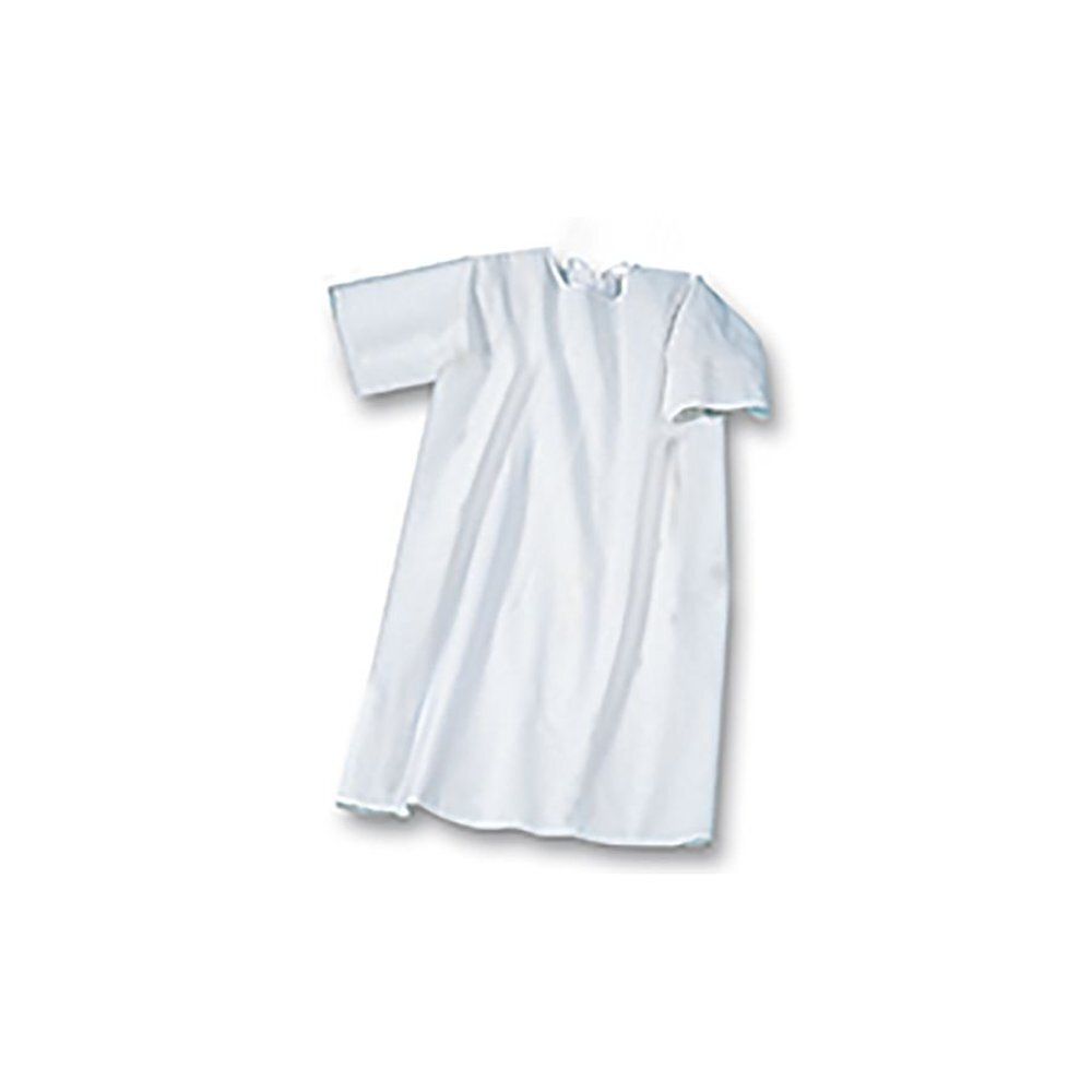 Chemise de patient blanche, manches courtes. Fabriquée en tissu léger. Col et ourlet avec bord ondulé.