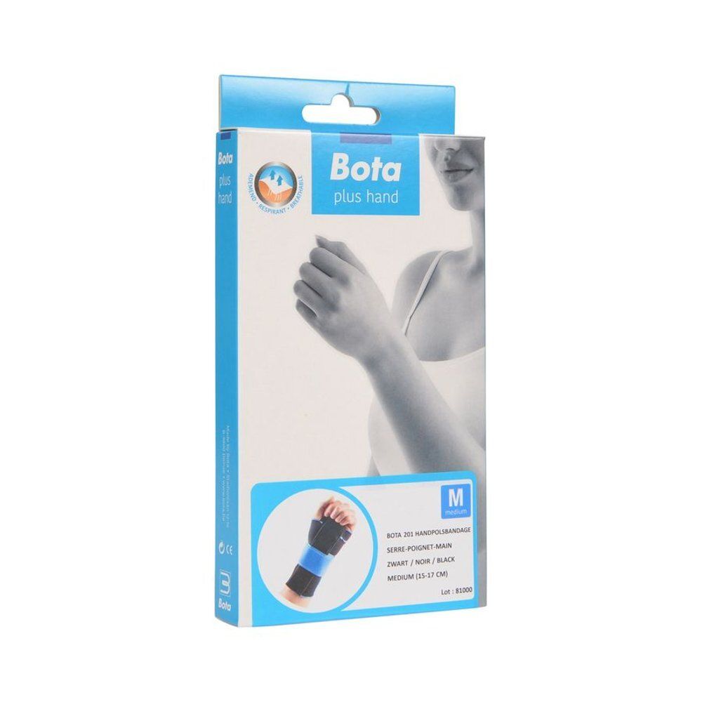 Vooraanzicht van de verpakking van Bota Handgelenksorthese 201. Doos met productafbeelding, maat M en productnaam.