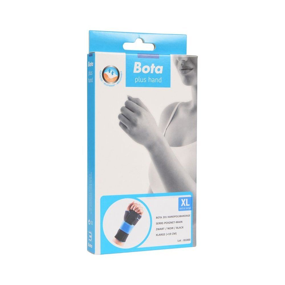 Verpakking van de polsbrace. Productillustratie. XL-maat. Tekst: Bota plus hand.