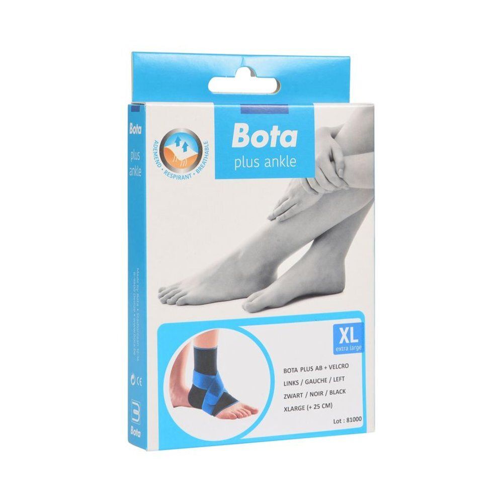 Verpakking van Bota Plus Enkel + Velcro. XL, zwart. Illustratie van een voet met brace.