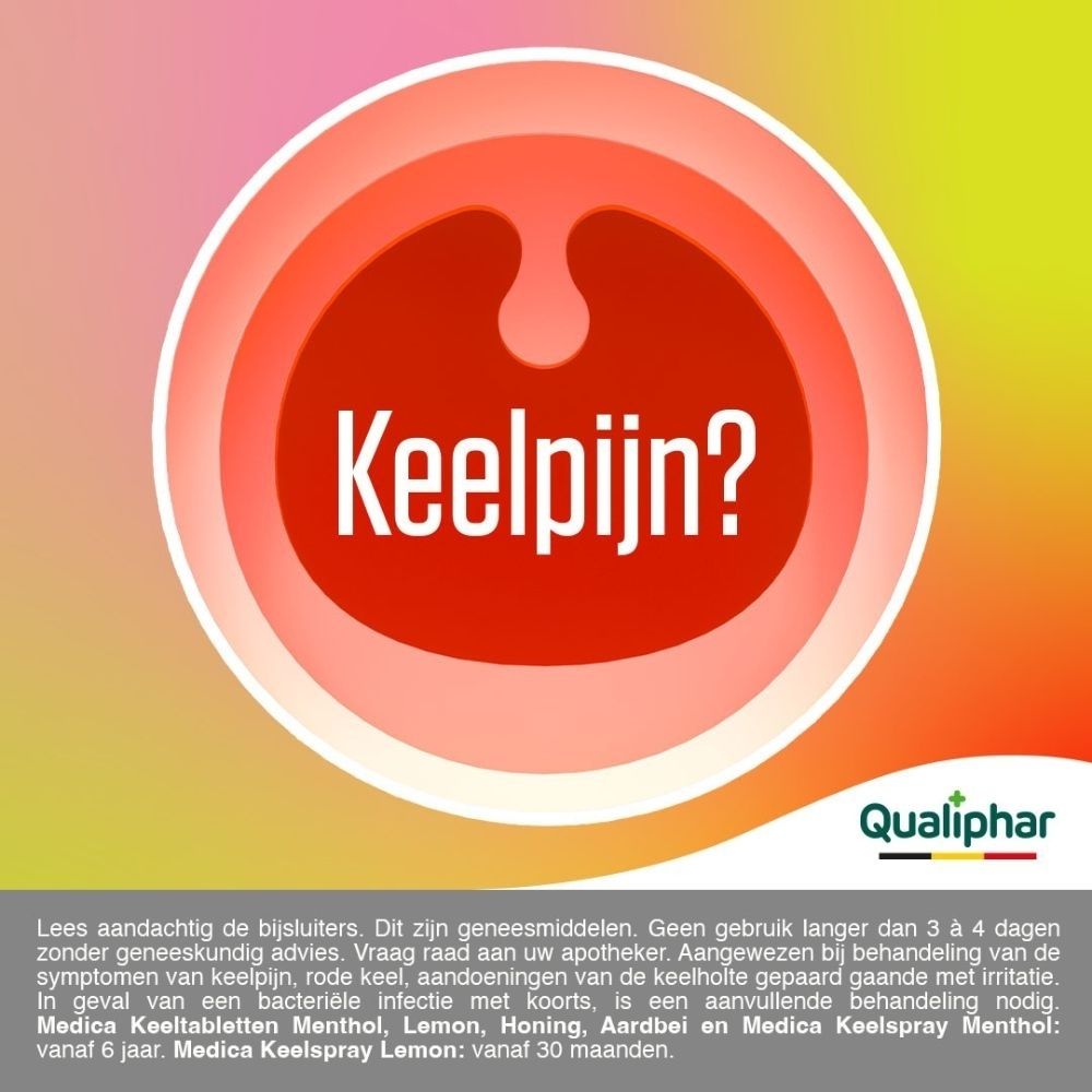 Rode cirkelvormige afbeelding met witte tekst 'Keelpijn?' en Qualiphar logo.
