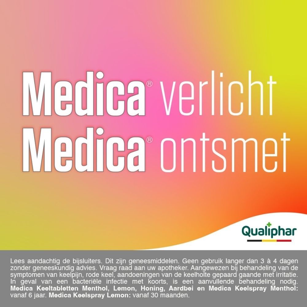 Medica keeltabletten en keelspray van Qualiphar. Verschillende smaken en verpakkingsgroottes.