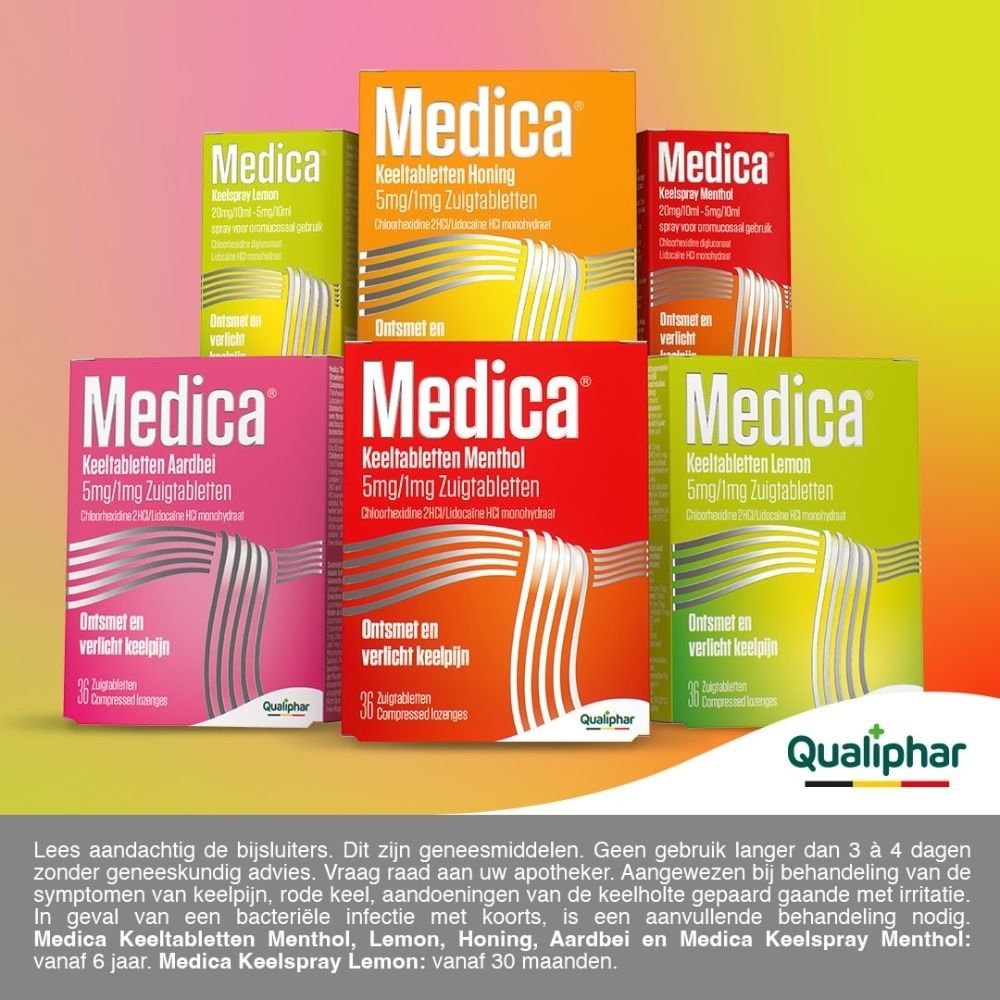 Medica keeltabletten in diverse smaken en verpakkingen.