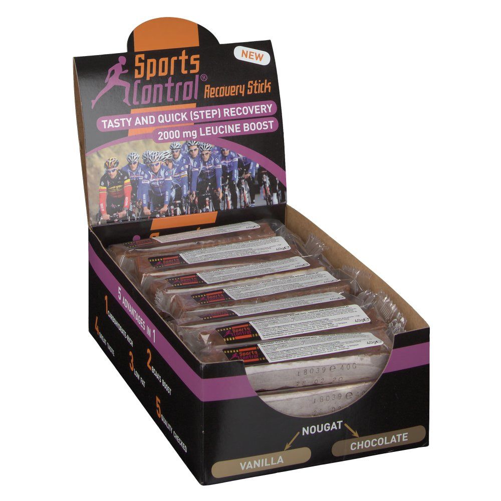 Boîte de barres de récupération. Boîte noire avec nom du produit et informations. Barres emballées individuellement dans la boîte.