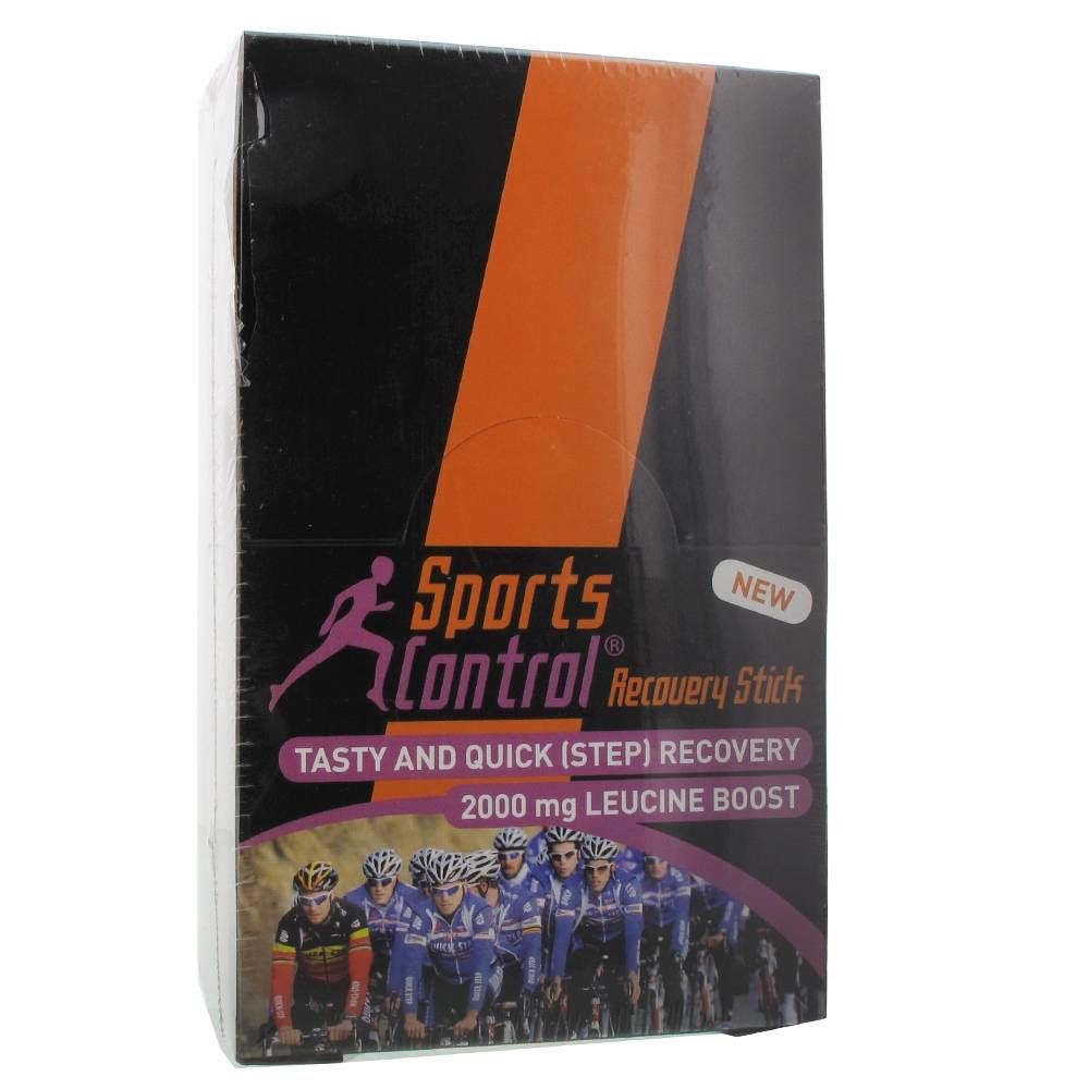 Emballage "Sports Control Recovery Sticks". Fond noir avec bande orange et logo violet. Texte : "Tasty and Quick (Step) Recovery" et "2000 mg Leucine Boost".
