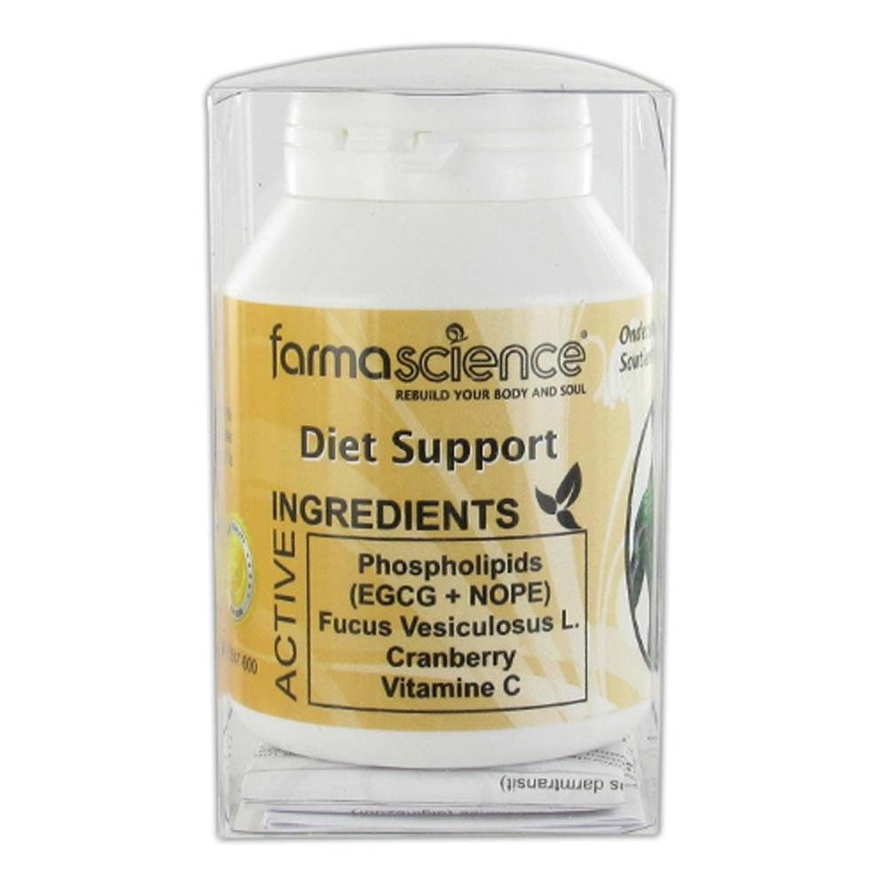 Flacon blanc avec étiquette jaune dans un emballage plastique transparent. L'étiquette indique "farmascience Diet Support" et les ingrédients.