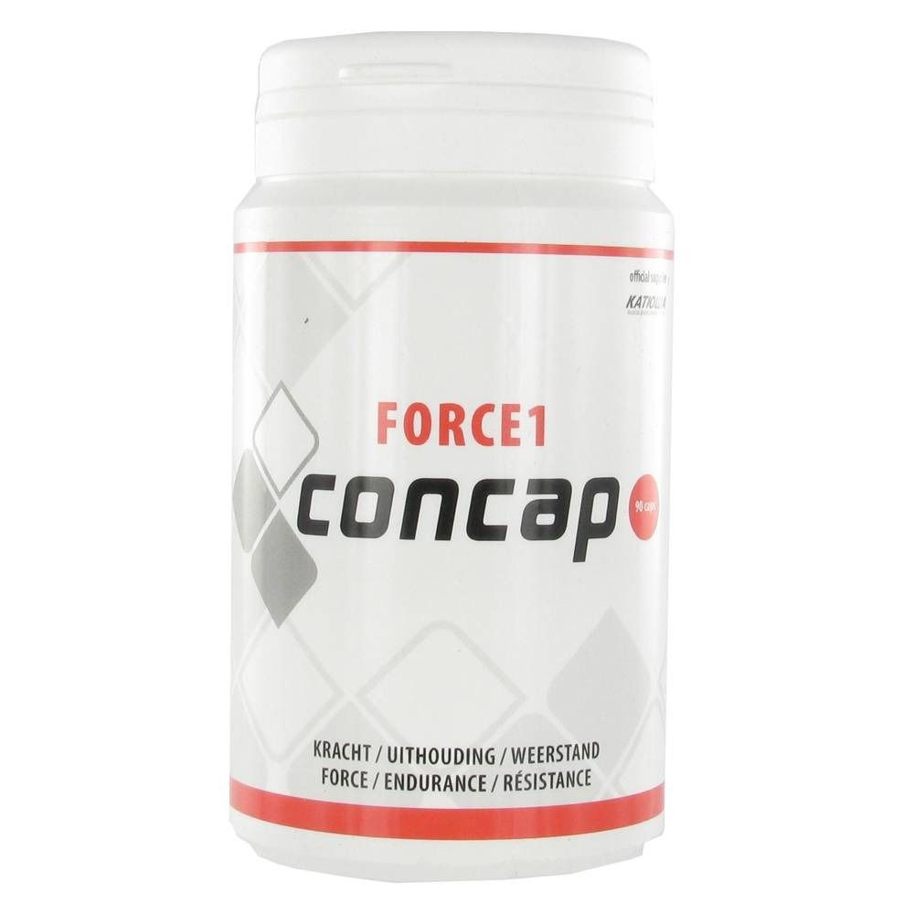 Witte fles met rode en zwarte tekst. Opschrift: FORCE1 Concap. Ondertitel: Kracht/Uithouding/Weerstand.