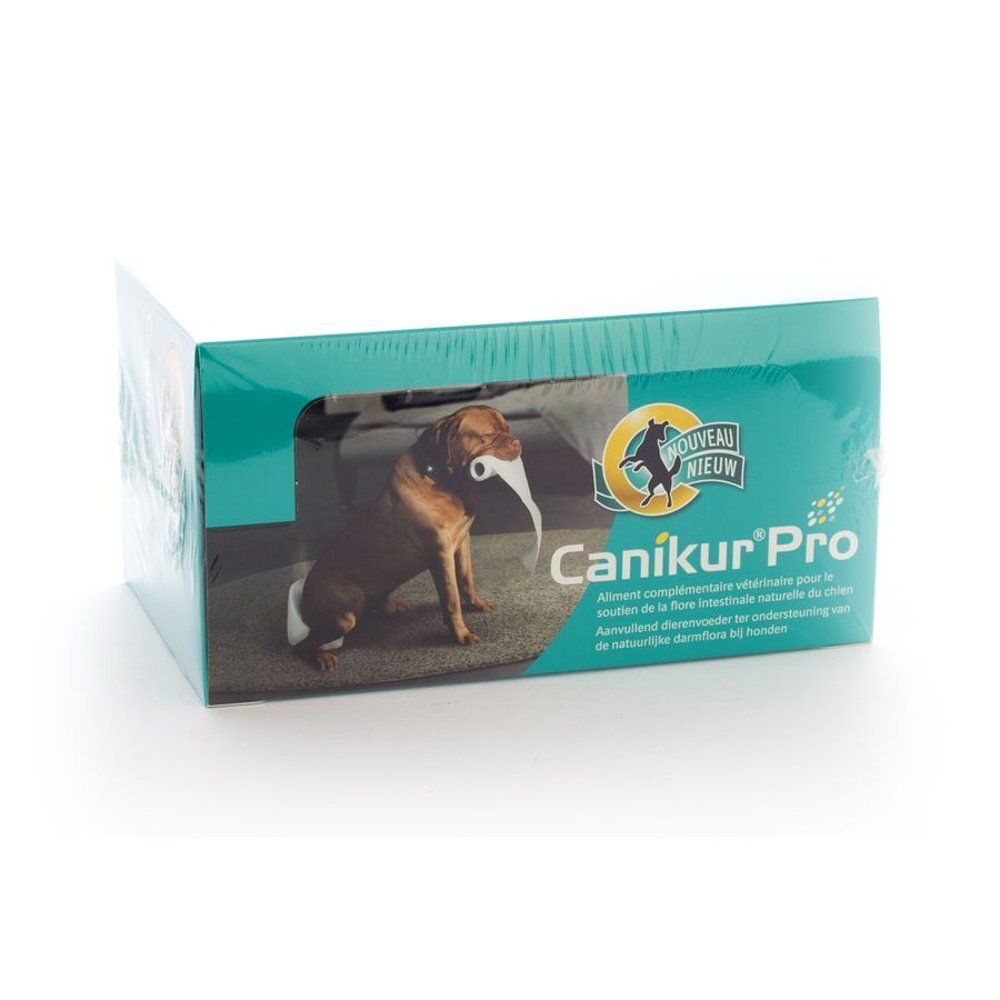 Boîte Canikur Pro. Image d'un chien. Texte en plusieurs langues. Fond turquoise et blanc.