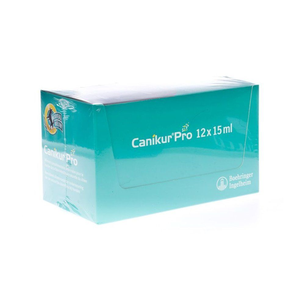 Canikur Pro 12 x 15 ml verpakking. Turquoise doos met productnaam en logo. Boehringer Ingelheim logo.