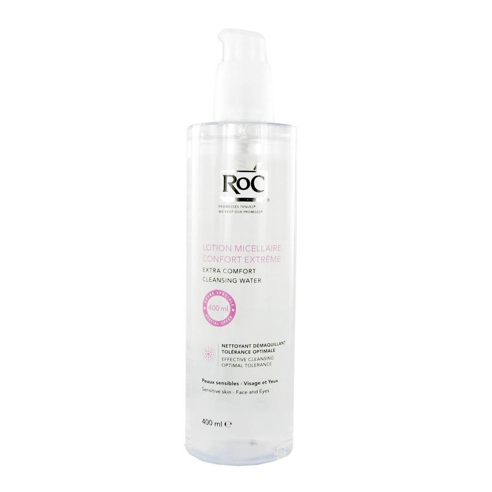Transparante fles met witte pomp. Opschrift: RoC, Lotion Micellaire, Extra Comfort, Cleansing Water.