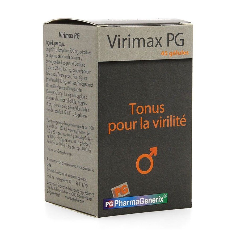 Boîte de gélules "Virimax PG". Face avant noire avec texte et symbole orange. Contient 45 gélules.