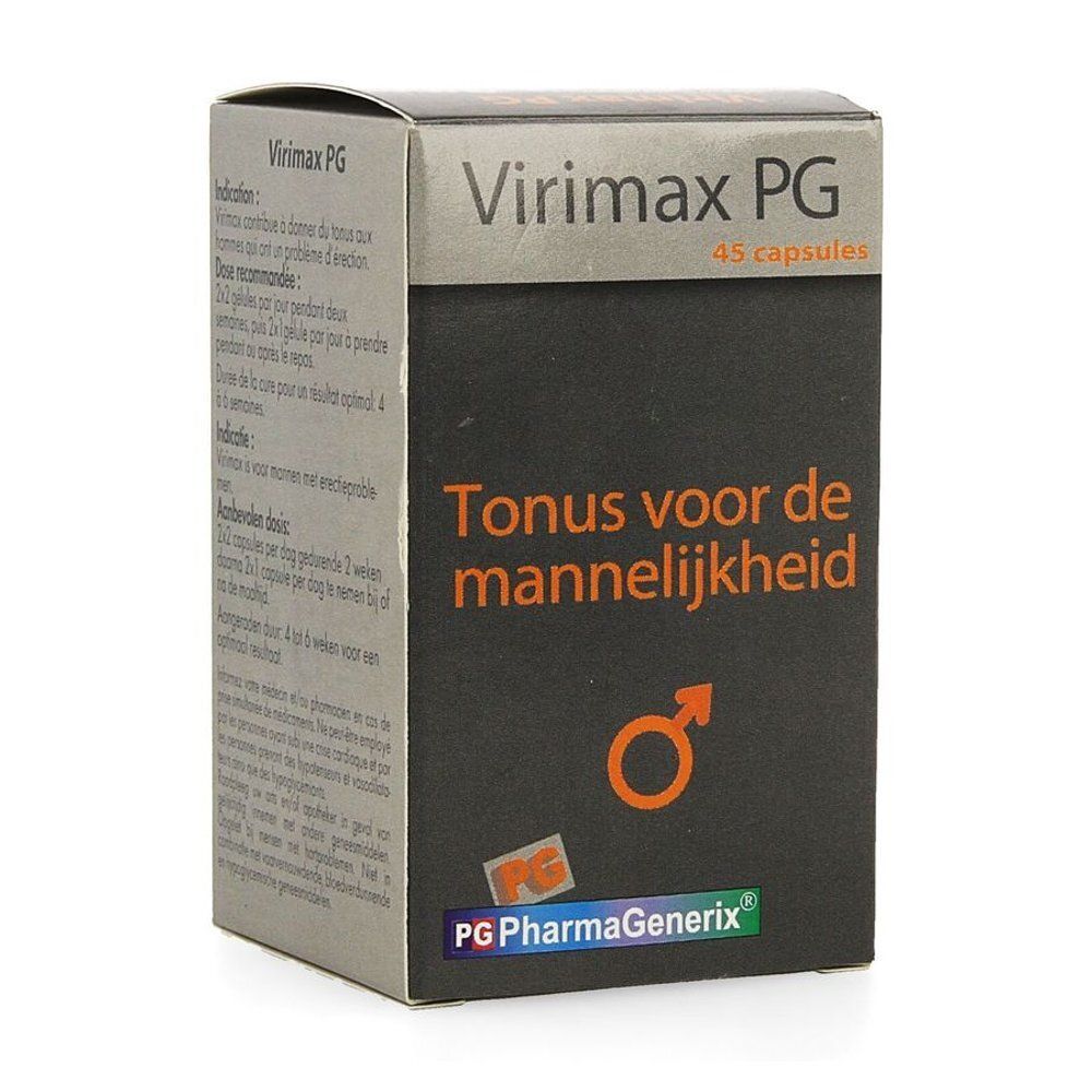 Doosje "Virimax PG" capsules. Zwarte voorkant met tekst en oranje symbool. Bevat 45 capsules.