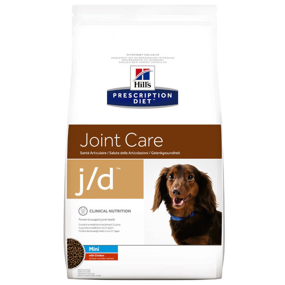 Hill's Prescription Diet Mini j/d hondenvoerzak. Tekst: Joint Care. Hond met blauwe halsband. Mini brokjes.