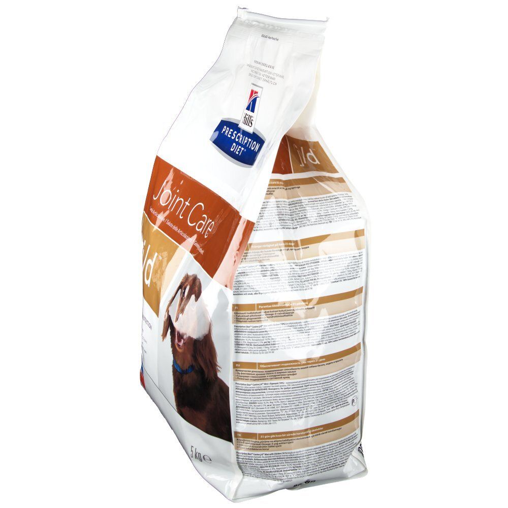 Hill's Prescription Diet Mini j/d hondenvoerzak. Zijaanzicht. Tekst: Joint Care. Hond. Tekst en informatie.