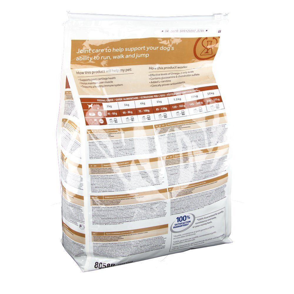 Hill's Prescription Diet Mini j/d hondenvoerzak. Achteraanzicht. Tekst: Joint Care. Voedingsinformatie. 100% tevredenheidsgarantie.