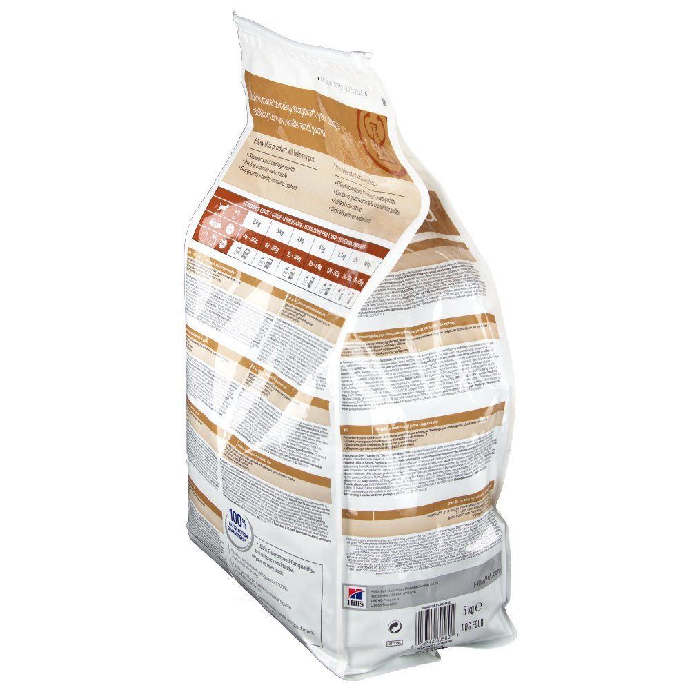 Hill's Prescription Diet Mini j/d hondenvoerzak. Schuin achteraanzicht. Tekst: Joint Care. Voedingsinformatie. 100% tevredenheidsgarantie.