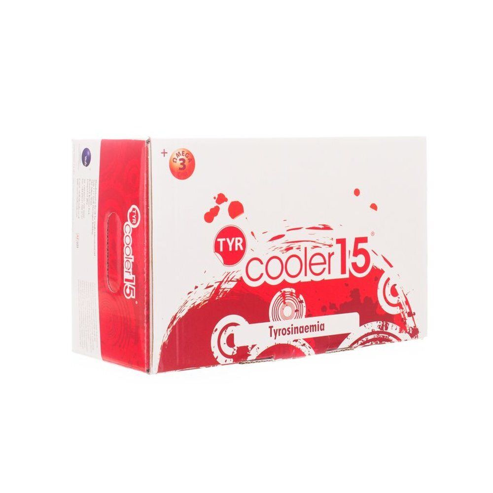 Boîte en carton avec graphiques rouges et blancs. Inscription : TYR cooler 15. Mention : Tyrosinémie.