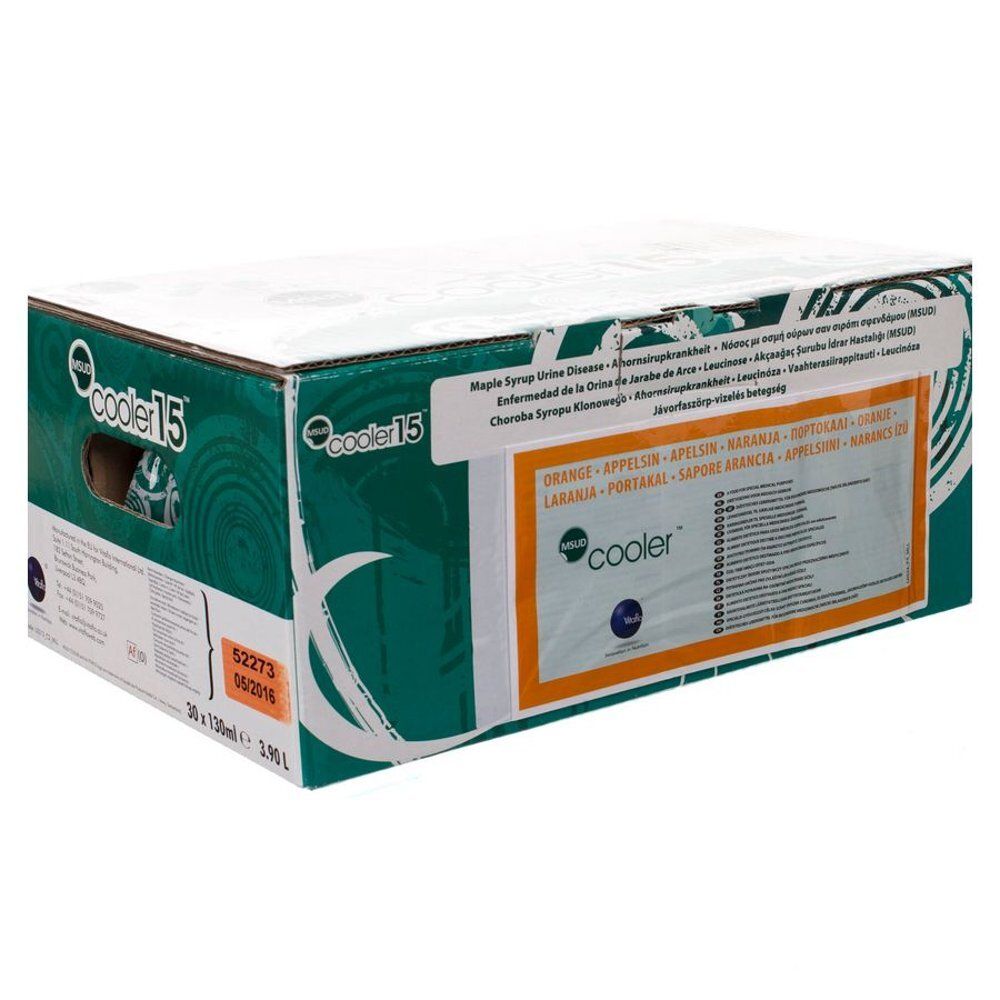 Carton avec inscriptions. Inscription : Cooler 15, Orange. Contient 30 x 130 ml. Avec poignée. Texte en plusieurs langues.